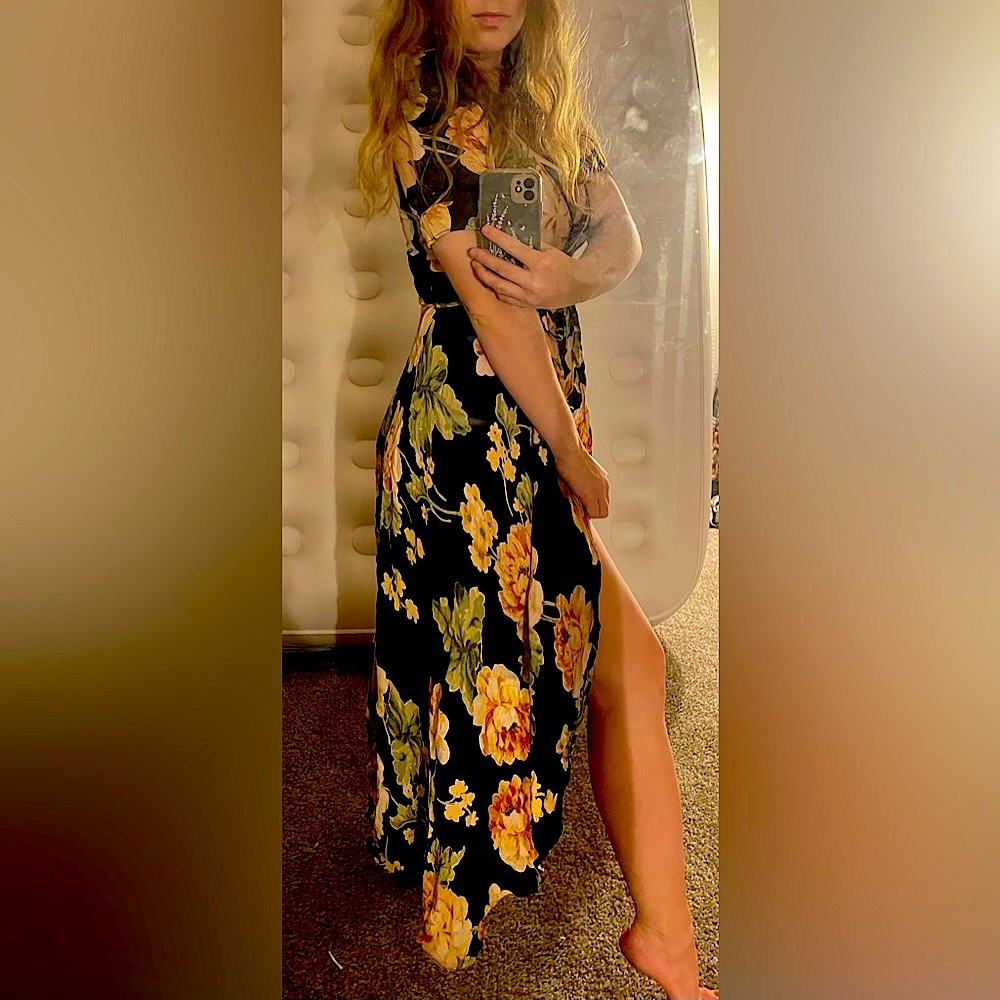 Reformation Black Floral Long Wrap Dress with Short Sleeves